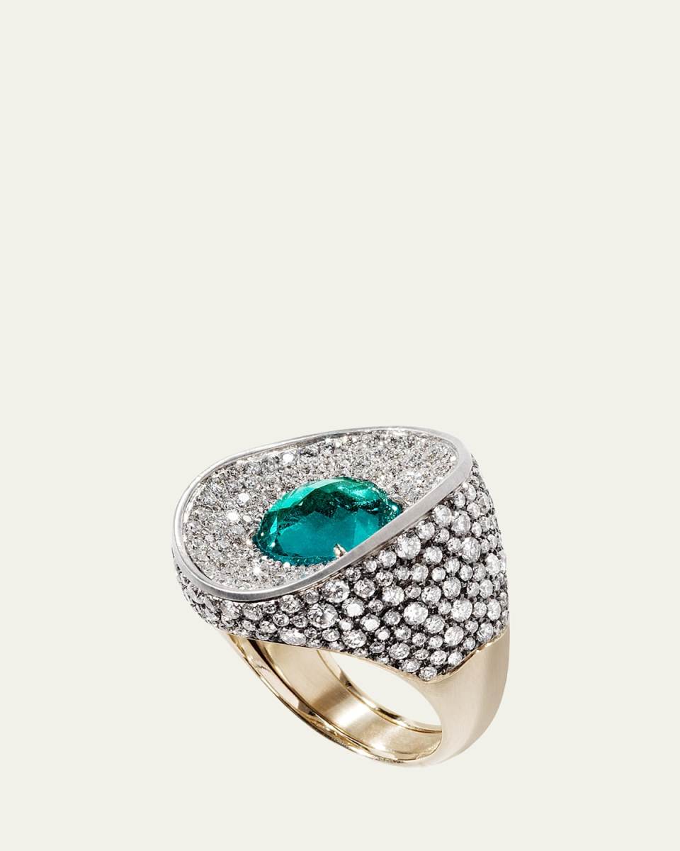 18K Gold Oak Pave Diamond and Columbian Emerald Ring
